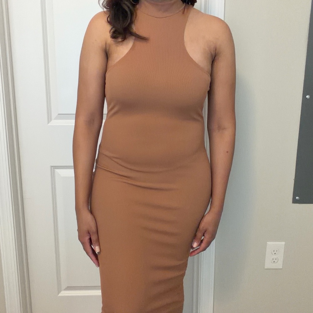 Missguided Tan Midi Ribbed Dress